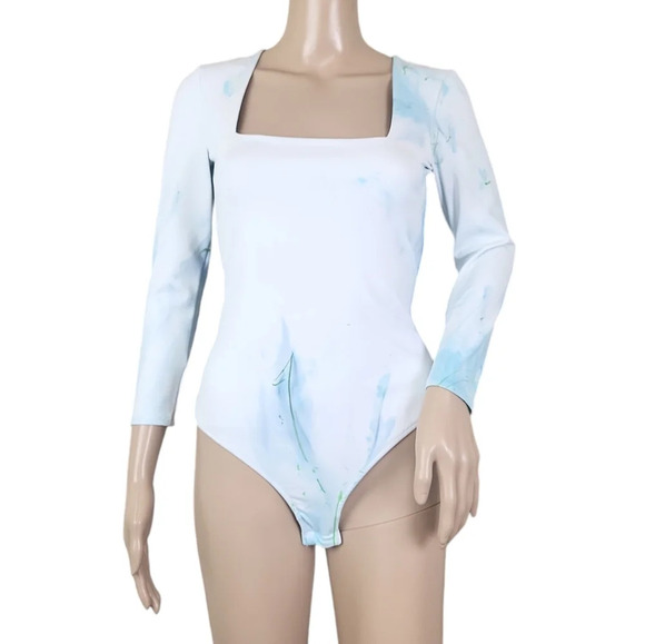 Free People Truth Or Square Custom Tie Dye Clouds Bodysuit White Basic - Picture 3 of 5